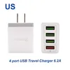 Chargeur rapide3.0 Fast 4 ports Chargeur de voyage 6.2A USB pour Samsung Galaxy S8 Xiaomi 5 pour adaptateur iPhone UE / US Plug Pratique