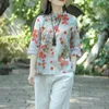 summer imitation cotton linen Chinese style disc button printing stand-up collar large size loose ethnic blouse retro shirt 210526