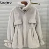 Lautaro Winter Soft Warm Thick Faux Fur Coat Women Drop Shoulder Long Sleeve Zipper Drawstring Fluffy Jacket Korean Fashion 210925