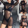 Sexy Intimates See Through Badmode Lange Mouw Een Stuk Strand Jurk Clubwear Party Badpak Vrouwen Mesh Sheer Bikini Cover Up 3pcs