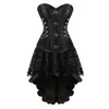 Bustiers Corsets Gothic Steampunkコルセットドレスヴィンテージ海賊衣装PUレザーVictorianoトップス女性非対称花レーススカート