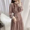 Femmes robe en mousseline de soie deux couches automne hiver mode femme à manches longues vintage imprimé robes décontractées lâche a-ligne vestido 210623