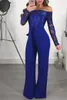 Kvinnors jumpsuits rompers elegant utanför axeln spets jumpsuit kvinnor blommig broderi mesh långärmad romper brett ben p237o