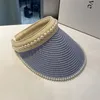 Cappelli da donna con visiera parasole con perle fatte a mano da spiaggia, pieghevoli, pieghevoli, a tesa larga, in paglia estiva, da indossare per le donne