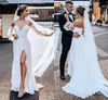 Modest Off the shoulder Boho Country Wedding Dress 2022 Bridal Gown Long Sleeves Poet Illusion High Slit Ruched Open Back Court Train Beach Stylish Backless