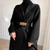 ブラックウールコート女性のミッド - 長さの秋冬の固体パッド入りヘプバーンスタイルのウールのoutwear 210608