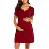 Causal Maternity Clothes Fashion O-neck Solid Buttons Short Sleeve Pregnant Woman Dress Maternity Dress Zwangerschaps Kleding Q0713