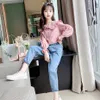 Teen Girls Kläder Solid Blus + Jeans Flicka Set Casual Style Tracksuit Kids 6 8 10 12 14 210527