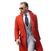 Orange Tweed Wool Men Long Coat Tuxedos Winter Warm Two Button Groom Party Prom Jacket Business Wear Outfit One Suit