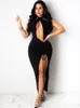 Casual Dresses WJFZQM Off Shoulder Hollow Out Ruched Dress Sleeveless Bandage Halter Sexy Side Slit Party Women Evening Backless