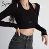 Women's T-Shirt Syiwidii 2 Pieces Set Women Sexy Tops Kintted Long Sleeve Crop Top T Shirt Halter Woman Tshirts Black White Elastic Slim Tee