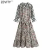 Zevity Women Vintage V Neck Floral Print Pleat Ruffles Midi Sukienka Lady Puff Sleeve Bow Mite Sashes Vestidos Chic Dresses DS8123 210603