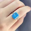 Cluster Rings Charms 925 Sterling Silver 8*10mm Aquamarine Stone High Carbon Diamond For Women Luxury Female Wedding Bands Fine Jewelry