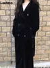 Lautaro Winter Long Black Faux Sheared Mink Fur Trench Coat för Kvinnor Långärmad Bälte Dubbelbröst British Style Fashion 211122