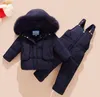 Coat Barnkläder Kids Down Jacka Baby Girl Boy Fur Hooded Parkas + Bib Byxor Jumpsuit Kläder Vinter Snowsuits