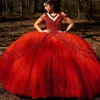 2022 Sexy Dark Red Quinceanera Ball Gown Dresses V Neck Lace Appliqus Crystal Beading Tulle Sweet 16 Sweep Train Plus Size Party Prom Evening Gowns