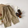 女の子のレトロな格子縞のストレートワイドのLGEパンツ夏の薄い子供の緩いカジュアルなズボン1-8y 210615