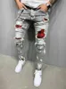 Men's Skinny Jeans Ripped Grid Stretch Denim Jogging Trousers Patch Beggar Pants Jumbo Men's Hip Hop Thin Body Harajuku Pant X0621