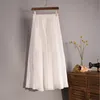 Cotton Linen Maxi Skirt Women Spring Summer Elastic Waist Vintage Solid Pleated Long s Mori Girl Boho Beach QH1755 210621