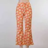 Missnight Orange Flare Byxor Floral High Waisted Wide Leg Women Pocket Zipper Kawaii Long Trousers Vintage Streetwear 211124