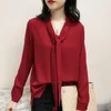 Mode femme Blouses 2021 nœud col en v bureau dames hauts à manches longues rouge en mousseline de soie Blouse femmes et C256 femmes chemises