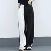 [Eam] Hoge elastische taille zwart wit splitsen casual broek nieuwe losse pasvorm broek vrouwen mode tij lente zomer 2021 1DD8329 Q0801