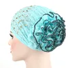 New Diamond Turban with Big Flower Muslim Hijab Chemo Cancer Bonnet Indian Hat Elegant Party New Year Hair Loss Cover