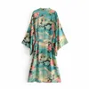 Groene Vintage Retro Night Garde Print Boho Maxi Kimono Shirt Mouw Vest Boheemse Lange Wrap Blouse Zomer Tops Beachwear 210308