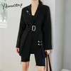 Yitimuceng Blazers irregulares para mujer Fajas con muescas divididas Sólido Traje de ropa informal Office Lady Girls Coat Black Spring 210601