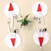 10pcs Christmas Cutlery Holder Non-woven Red Hat Wine Bottle Cover Fork Knife Tableware Pocket Christmas Decoration Party Supply VT0582