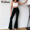 Viifaa Noir Solide Taille Haute Skinny Flare Pantalon Femmes Froncé Dos Slim Fit Femme Printemps Extensible Pantalon 211112