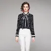 2023 Designer Printed Black Shirts Long Sleeve Women Runway Button Shirt Office Ladies Ribbon Bow Blouses Spring Summer Autumn Winter Slim Fit Stylish Tops