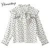 Yitimuceng Floral Pint Blouse Women Bow Lace Up Shirts V-Neck Long Sleeve Straight Spring Korean Fashion Chiffon Tops 210601