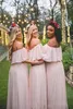 Country Vintage Blush Bridesmaid Dresses 2021 Modest Off the Shoulder Chiffon Beach Bohemian Junior Maid of Honor Wedding Guest Gowns