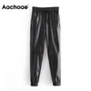 Aachoae Lady Full Length Pu Pantaloni in pelle con coulisse Sport Style Pantaloni lunghi da donna Baggy Matita casual Pantalon Mujer 211102