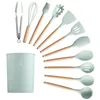 Set di utensili da cucina in silicone creativo Spatola antiaderente Pala Manico in legno Strumenti con scatola portaoggetti Accessori per utensili da cucina