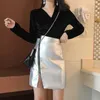 PERHAPS U PU Black Silver High Street Solid Asymmetrical Mini Short Empire Skirt Zipper S0126 210529