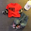 Kläder Autumn Baby Kids Set Cotton Splicing Lattice Boy Tracksuits Boys Sport Suit Letter T Shirt+Jeans KG-528