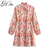 Hsa Women Chiffon Ruffles Sleeve Floral Print Mini Dress Summer Casual Turn Down Pink Pleated Office Ladies Dresses 210716