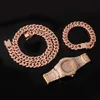 Necklace +Watch+Bracelet 3pcs kit Hip Hop Miami Curb Cuban Chain Gold Full Iced Out Paved Rhinestones CZ Bling For Men Jewelry