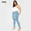 Plus Size Alto Cintura Calças de Jeans Mulher Skinny Rasgado Grande Calça de Carga Moda Slim Apertado Buraco Mãe Calças 210809