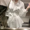 Fashion Women White Long Shirts Two Piece Shorts Sets Lantern Sleeve Blouse + Wide Leg Pants Suits Office Ladies Clothing 210529