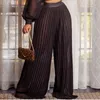 Women's Two Piece Pants 2021 Summer Women Casual Plus Size Sets See Through Lantern Sleeve Mesh Crop Top & Pleated Wide Leg