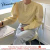 Yitimuceng Office Lady Blouse Women Oveisize Lace Hook Flower Korean Fashion Shirts Sky Blue White Yellow Spring Tops 210601