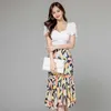 Summer Women Tops and SKirts white puff sleeve Crop Top +Floral Print Bodycon Mermaid Skirt Suits Elegant Office Two Pieces Set 210529