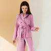 HECHAN Blue Black Patchwork Pajamas Women With Sashes Long Sleeve Loose Pants 2 Piece Set Home Wear Female Suit Sets Casual 210305