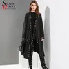 Korean Woman Solid Black Unique Cape Style Jacket Open Design Big Size Long Tape Metal Holes Ladies Loose Jacket Cloak 3843 211014