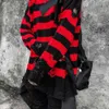 黒赤縞模様のセーター洗浄破壊されたリッピングされた男性ホールニットジャンパー女性特大原宿210918