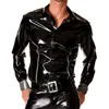 Herenjacks Zwart en zilveren Trims Sexy latex shirt knoppen voorkant Draai kraag rubberen vacht Top YF-0289