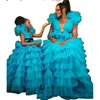 Mädchenkleider Blaue Rüschen Tüll Mutter und Tochter für die Geburtstagsfeier Lange Festzug-Ballkleider MädchenTiered Blumenmädchen